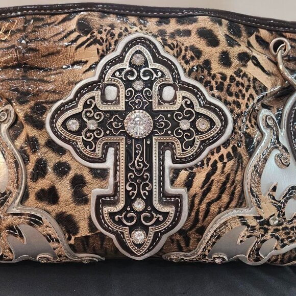 NWOT Western Cowgirl Bling Purse & Wallet Leopard Print Rhinestone Faux Leather - Picture 2 of 16